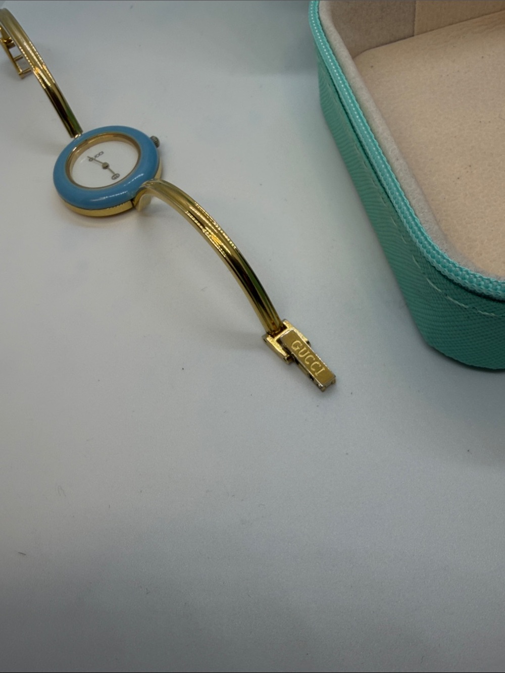 Gucci Gold Bangle Watch with Light Blue Bezel and Interchangeable Bezels - Picture 3 of 6